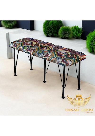 By Hakan Aşkın Siyah Metal Ayaklı Rug Pattern Line Style 2025 Babyface Puf & Bench Kilim Desen Çok Renkli Rugg