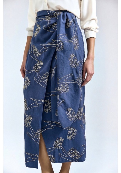 Sateen Nakış Detaylı Uzun Etek - İndigo-137329