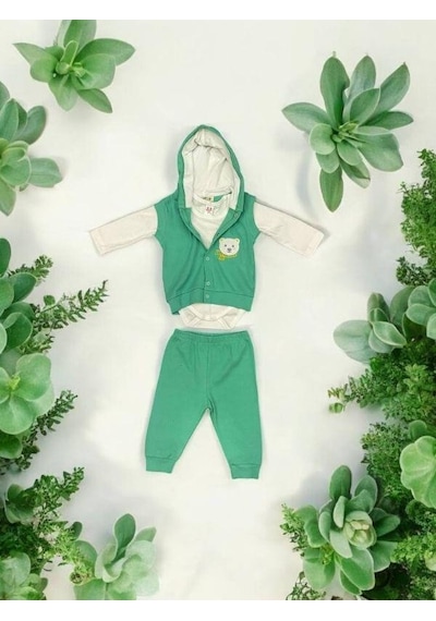 Breeze Erkek Bebek Üçlü Ayıcık Detaylı Yelekli Takım-15294 Yesil