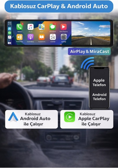 12 İnç 4k Aynalı Araç Kamerası Dvr Kablosuz Carplay Android Auto Sesli Komut Ips Çift Kamera