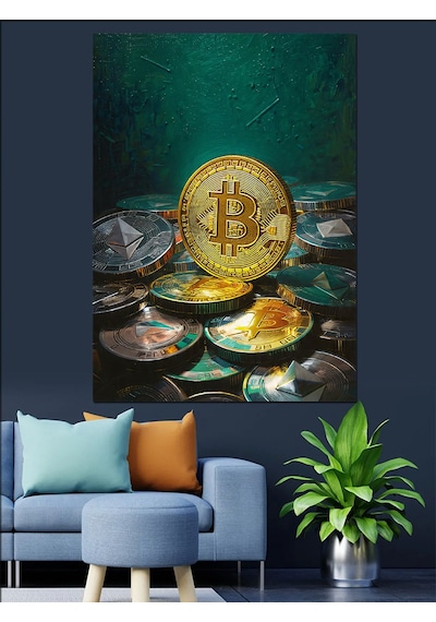 Ahşap Tablo Altın Bitcoin Kripto Para