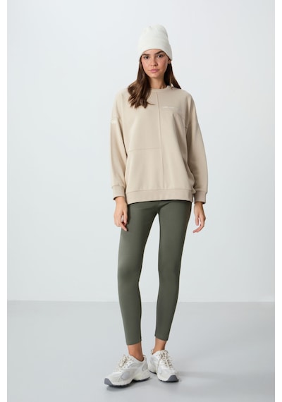 Tommy Life Bej Kompakt Pamuklu Kalın Pürüzsüz Dokulu O Yaka Oversize Fit Kadın Sweatshirt - 97288 Bej
