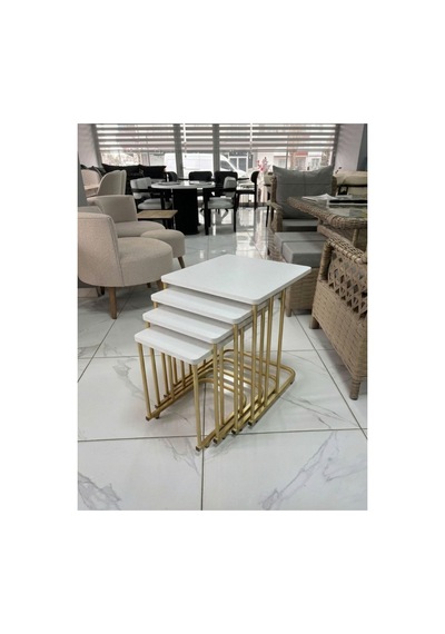 4 Lü Tekerlekli Sehpa Eskitme Gold - Beyaz Çok Renkli