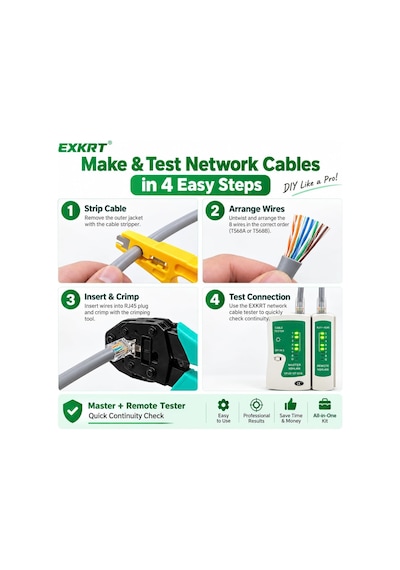 Ağ Alet Seti, Kablo Test Cihazı İle Rj45 Sıkma Aleti Seti, Punch Down Aleti, Tel Soyucular, Cat5 Cat5e Cat6 Ethernet Kablosu Onarımı İçin 10 Rj45 Konnektörler Ve Tornavidalar