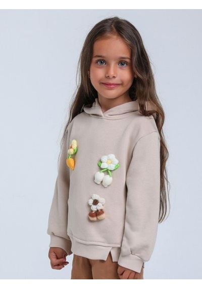 Kız Çocuk Çiçek Örgü Detaylı Kapüşonlu Sweatshirt-14306 Bej
