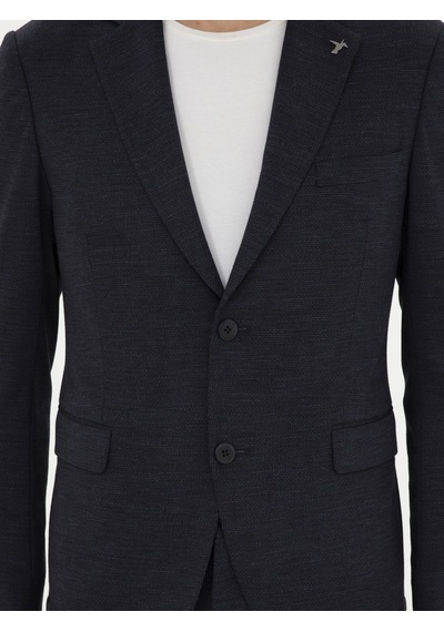 Cacharel Koyu Lacivert Slim Fit Mikro Desenli Yün Karışımlı Ceket
