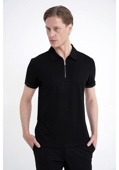 Efor Slim Fit Esnek Pamuklu Fermuarlı Siyah Polo Yaka Tişört Ts 926