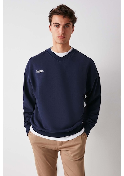 Grımelange Off Erkek Organik Pamuklu Yazı Nakış Detaylı V Yakalı Içi Polarsız Oversize Lacivert Sweatshirt