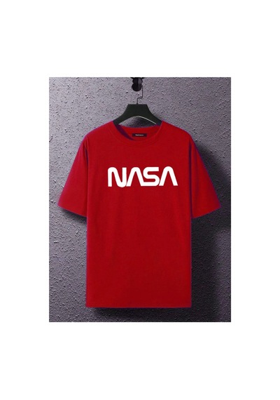 Medinenur Unisex Nasa Baskılı Siyah Tshirt Kırmızı