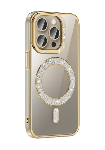 Apple Uyumlu iPhone 15 Pro Max Kılıf Pırlanta Taş Tasarımlı M-safe Şarj Özellikli Zore Karetta Silikon Kapak Gold