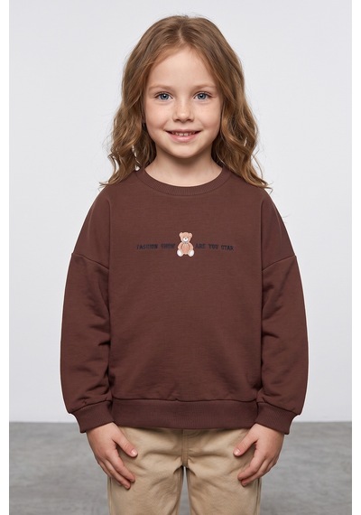 Fullamoda Ayıcık Baskılı Oversize Kız Çocuk Sweatshirt Kahve