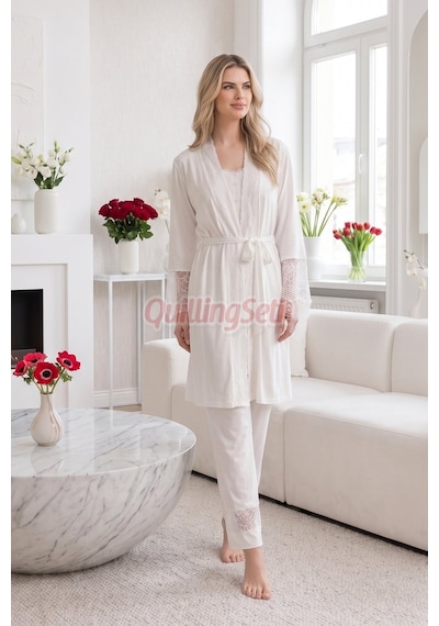 Lady Ekru Renkli, Derin Patlı, Dantel Detaylı 33002 Sabahlıklı 3lü Lohusa Hamile Pijama Takımı