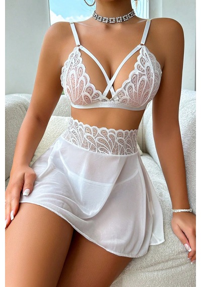 Ang Butik Kadın Beyaz Göğsü Ve Beli Dantel Detaylı Etekli Takım