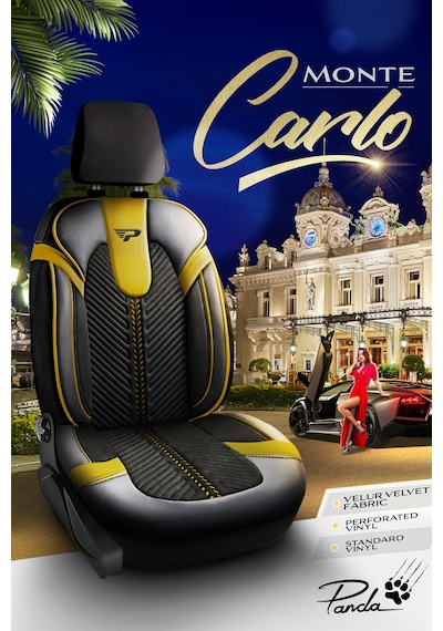 Siyah - Sarı Garni Panda Monte Carlo Serisi Velor Kadife Kumaş Oto Koltuk Kılıfı - Tam Set