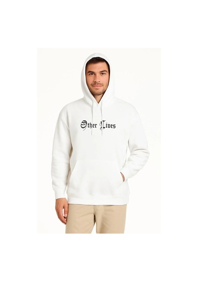 Erkek Kapüşonlu Kanguru Cepli Sweatshirt 3 İplik Pamuklu Baskılı Hoodie - Beyaz