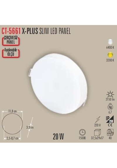 Xplus Ayarlanabilir Led Panel 20w Cata Ct-5661g - Delik Çapı Ayarlanabilir Sıva Altı Tavan Armatürü - 3200k Günı Diğer