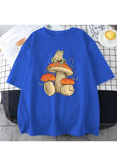 Flood Of Style Erkek Maviı Mantar Baskılı Oversize Bisiklet Yaka Tshirt Mavi