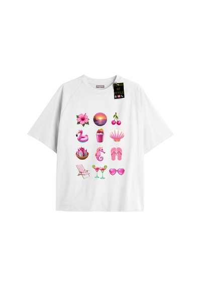 Flood Of Style Beyaz Oversize T-shirt Emoji Pink Özel Tasarım