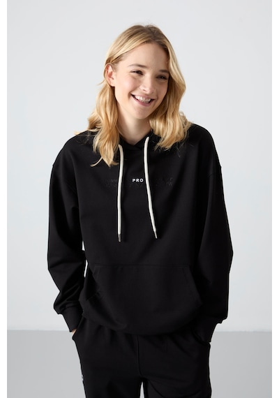 Tommy Life Siyah Kapüşonlu Kanguru Cep Oversize Lastik Paça Kadın Eşofman Takımı - 95288 Siyah