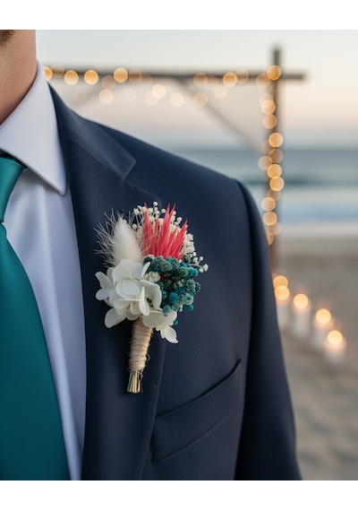 Beyaz Ortancalı Kuru Çiçek Damat Yaka Çiçeği, Nikah, Nişan Ve Düğün Aksesuarı Kırmızı