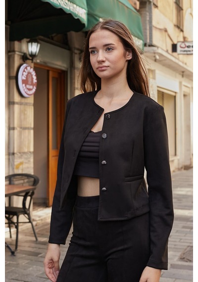 Kadın Esnek Süet Kumaş Sıfır Yaka Flato Cepli Uzun Kol Blazer Ceket-siyah Siyah