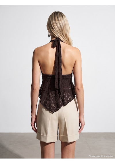 Dilvin 21228 Dantel Halter Yaka Top-koyu Kahve