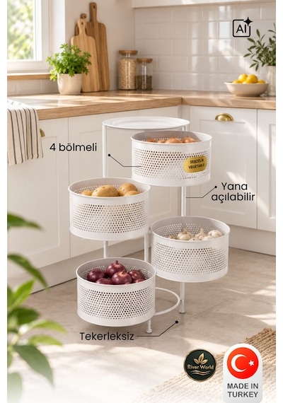River World Tekerleksiz Rengi Beyaz Açılabilen 4 Katlı Çok Amaçlı Metal Raf Mutfak, Balkon, Kiler Çok Renkli