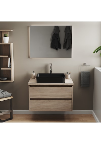 Aqua Bagno Mestola Tezgah Üstü Lavabo Batarya Deliksiz 50x35 Cm Mat Siyah Beyaz