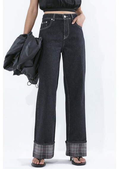Hiccup Paça Ekose Detaylı Yüksek Bel Wide Leg Jeans Siyah