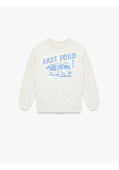Koton Pamuklu Uzun Kollu Bisiklet Yaka Baskılı Şardonlu Sweatshirt Ekru 7wkb10060tk