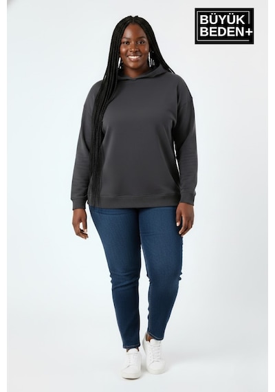 Süperlife Kadın Büyük Beden Kapşonlu İnce Sweatshirt Spr24bswk57 Füme