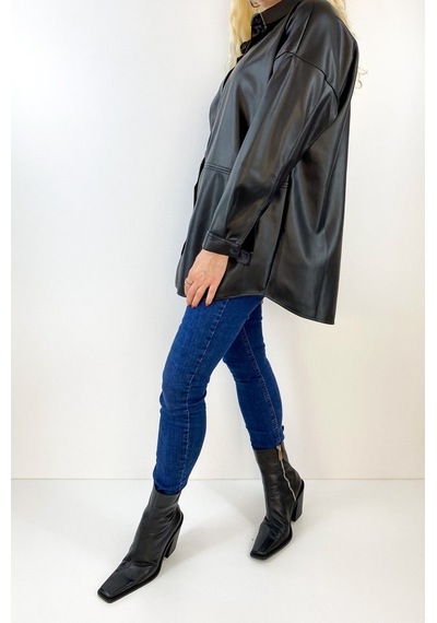 Modaonna Kadın Siyah Oversize Deri Gömlek Siyah