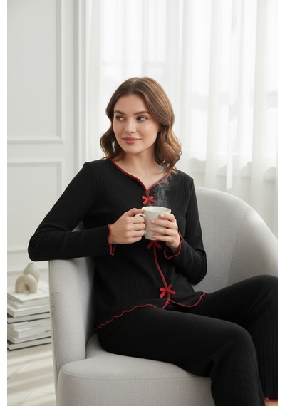 Epilons Zenvial Premium Kadın 4 Lü Fitilli Set Siyah Kırmızı Biyeli Pijama Üst, Pantolon, Bikini Takımı Zenviall