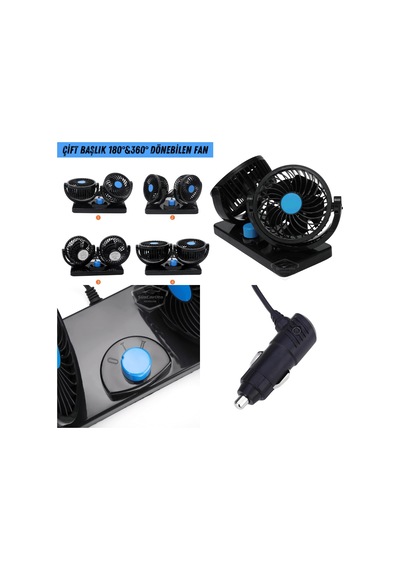 Üniversal Oto Ofis Araç İçi Torpido Üstü Vantilatör Çift Başlıklı Çakmaklık Girişli 2 Kademeli Soğutucu Fan 360 Dönebilen Ultra Sessiz Araç Fanı 12v Mavi 00 Şüscaroto Aksesuar
