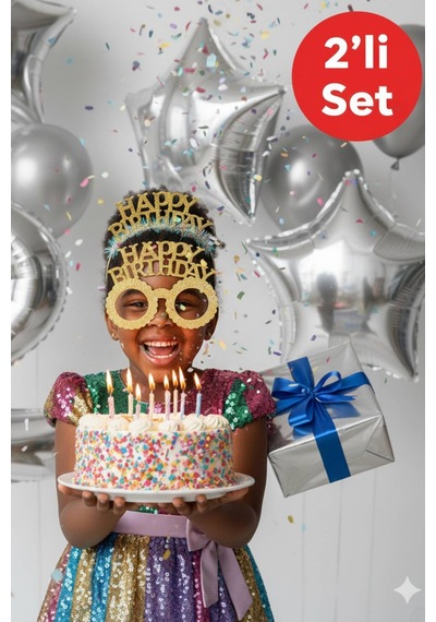Gold Happy Birthday Simli Doğum Günü Taç Ve Gözlük Seti 2 Li Parti Aksesuarı Fotoğraf Konsepti