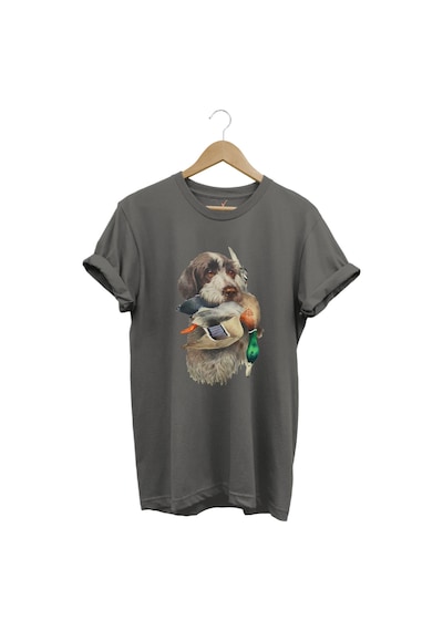 Avcılık Hunter Av Köpeği Ağzında Çulluk Kuşu Baskılı Çulluk Avı Regular Fit %100 Pamuk Gri T-shirt Antrasit