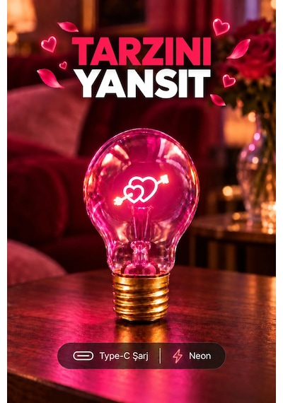 Oklu Kalp Şeklinde Neon Dekoratif Masa Lambası Ampul Şeklinde Yeni Nesil Aydınlatma Çok Renkli