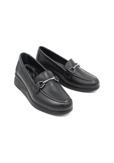 De Scario 715 Deri Toka Detaylı Deri Kadın Loafer Ayakkabı - Siyah Siyah