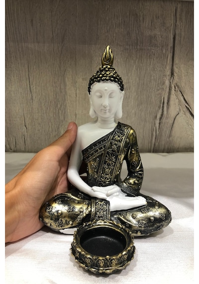 Pirinç Görünümlü Beyaz Buda Tealight Mumluk - Meditasyon Duruşlu