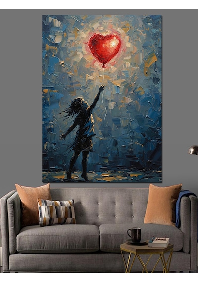 Kırmızı Balon Tutan Çocuk Dekoratif Kanvas - Mdf Ahşap Tablo