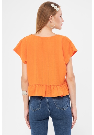 Armonika Kadın Turuncu Yarasa Kol Yakası Bağlamalı Eteği Fırfırlı Oversize Crop Bluz Arm-24y001088