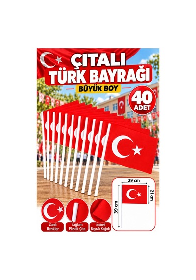Çıtalı Bayrak Kağıt Büyük 29x21 Cm 40 Adet Ay Yıldızlı Türk Bayrağı Çıtalı Sopalı Bayrak Plastik Çubuklu Bayrak Bayram 21 x 29 CM