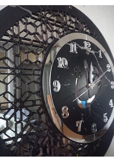 Duvar Saati 40 Cm Ahşap Ve Ayna Elif-vav Motifli Ahşap - Gümüş