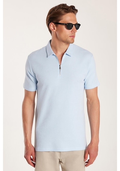 Tudors Erkek Slim Fit Dar Kesim %100 Pamuk Fermuarlı Mavi Polo Yaka Tişört-33771 Mavi