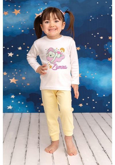 Pia Baby İsimli Kız Çocuk Pijama Takımı %100 Pamuk Penye İsme Özel Baskılı Kişiselleştirilebilir Pijama Seti 21005s14pi Krem