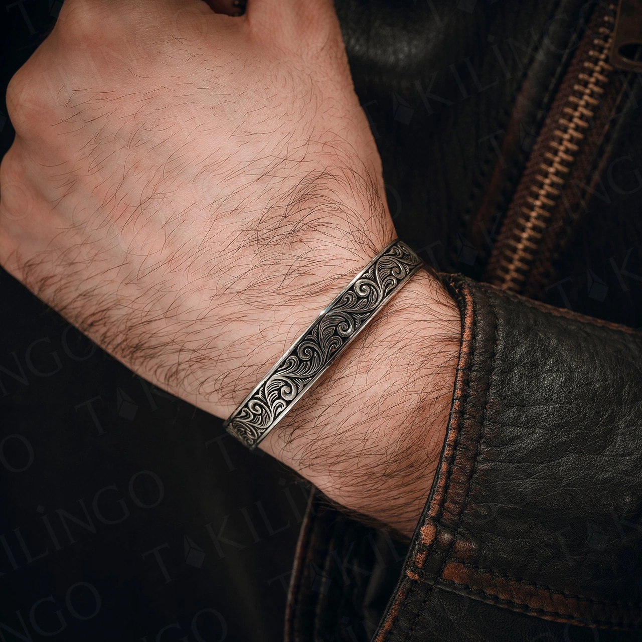 925 Ayar Gümüş Kalem İşlemeli Osmanlı El Yapımı Açık Cuff Erkek Bileklik Gümüş