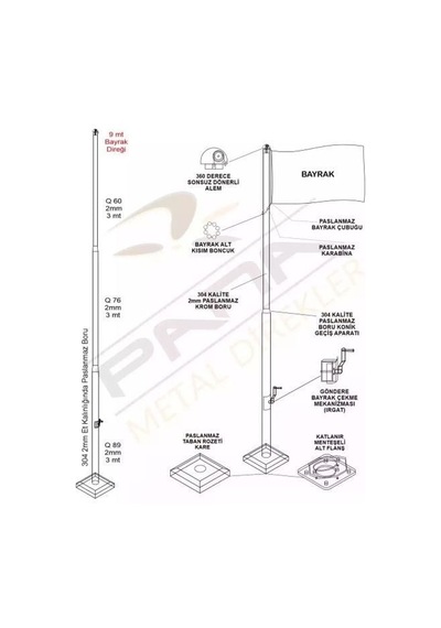 9 Metre İnox 304 Kalite Paslanmaz Krom Çelik Profesyonel Bayrak Direği Standart