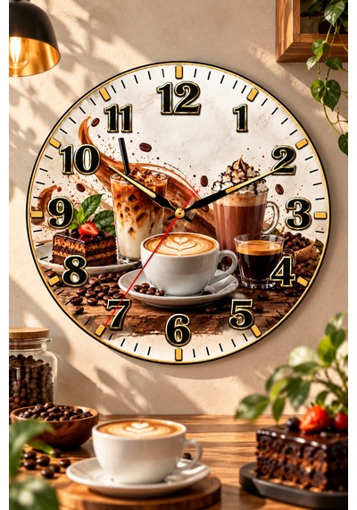 Kahve Cafe Temalı Duvar Saati 45 Cm Kahve Dükkanı Kafe Mutfak Uv Baskı Sessiz Akar Mekanizma 920 Çok Renkli