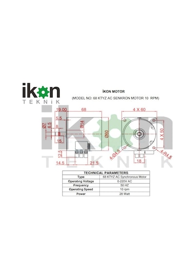İkon Teknik AC SENKRON MOTOR 68 KTYZ 28 Watt 10 RPM 220 Volt