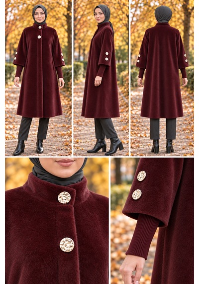Gold Düğmeli Uzun Kaban-bordo-5992